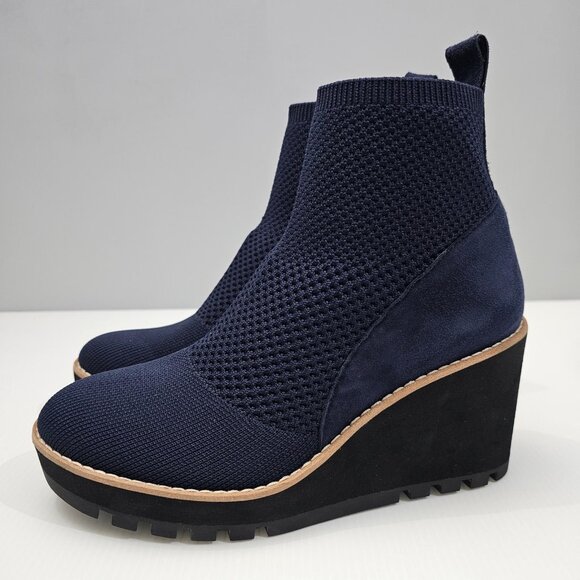 NEW Eileen Fisher Quill Ankle Bootie Size 6.5 Blue Knit Suede Wedge Platform - Picture 1 of 13